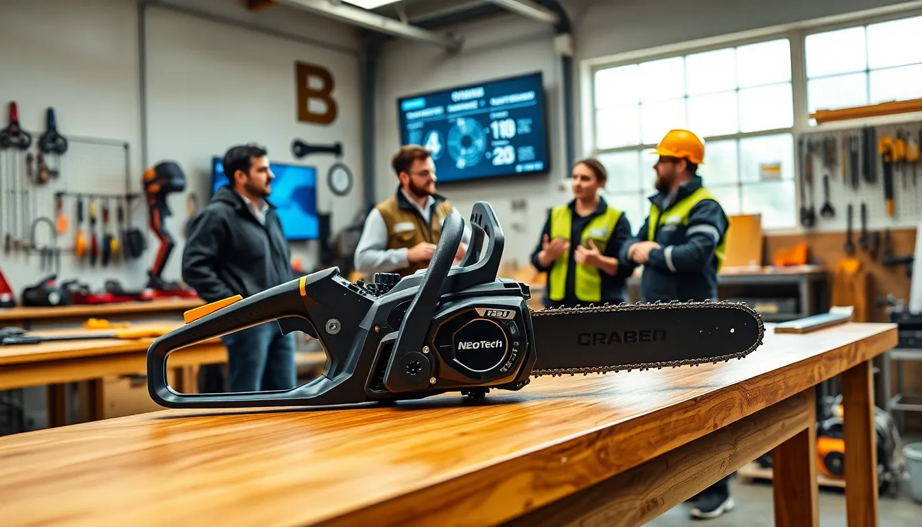 Neo Tech chainsaw showcased in a modern workshop with professionals discussing.