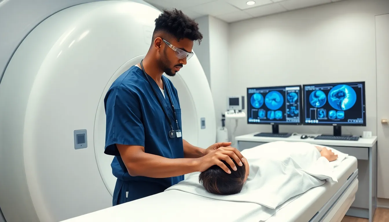 radiology tech operating an MRI machine in a modern medical imaging room.