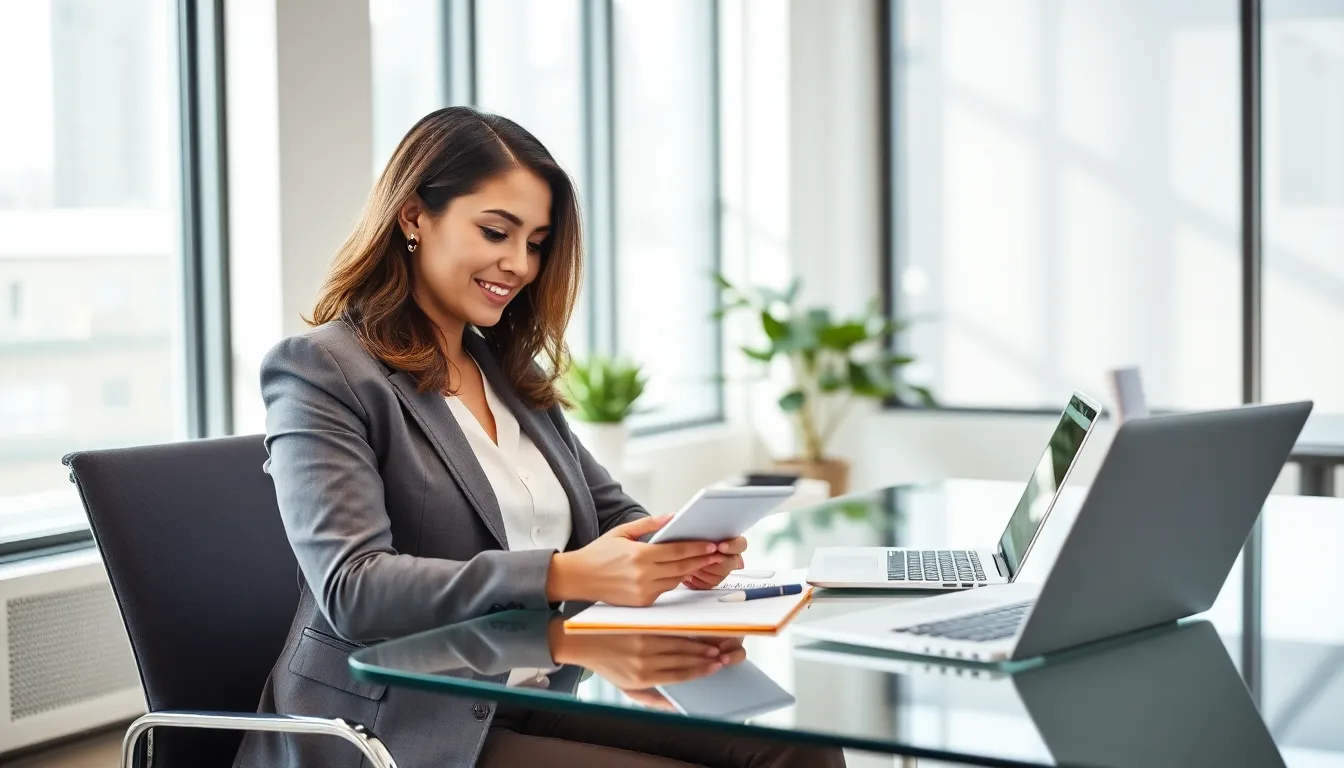 Adult using a spelling app in a modern office.