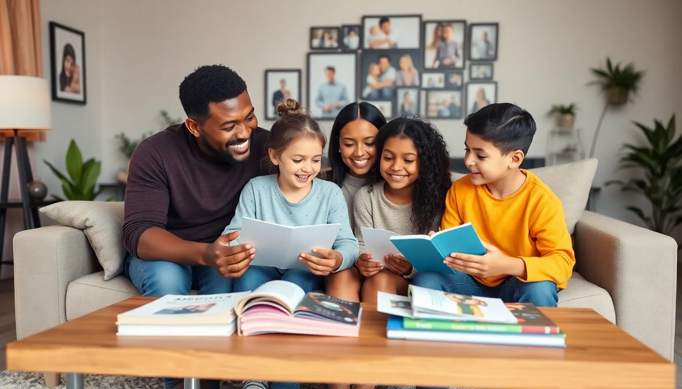 Diverse family exploring adoption resources in a cozy living room.