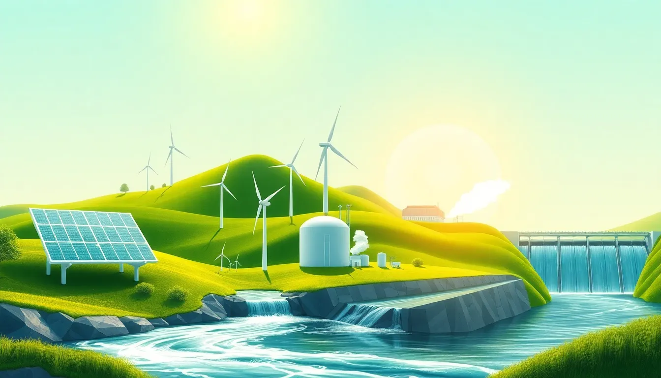 infographic of emerging renewable energy technologies in a modern landscape.