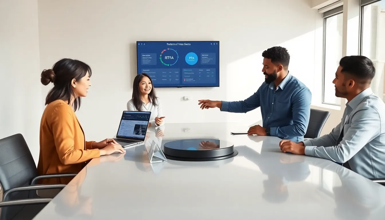 professionals discussing Robotic Process Automation in a modern office.