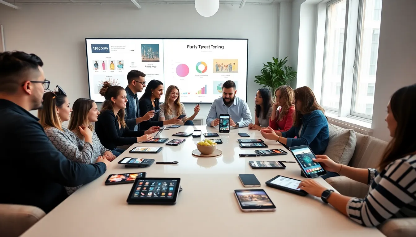 diverse team planning a party using apps in a modern office.