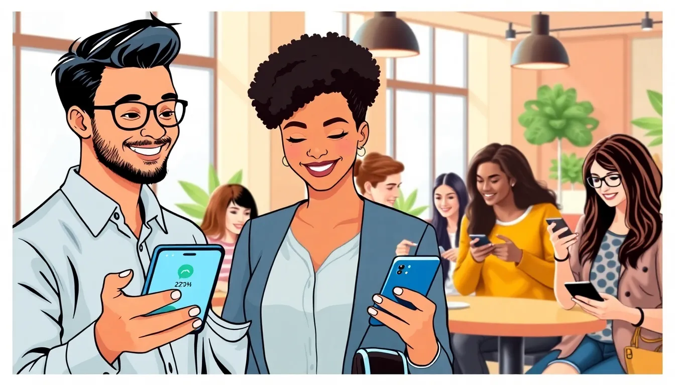 diverse people using P2P payment apps in a modern café setting.