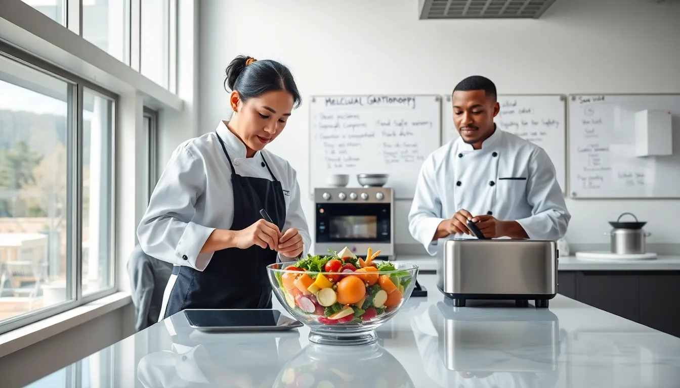 chefs collaborating in a modern kitchen focused on innovative food science.