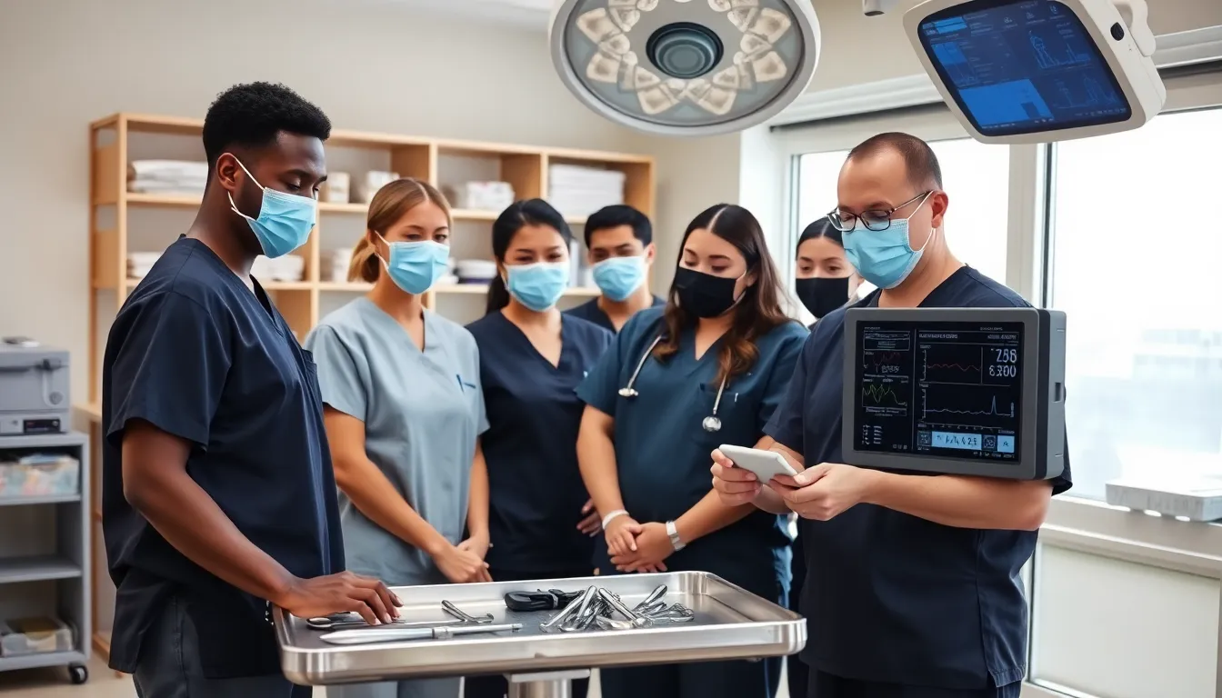 diverse surgical technologists preparing instruments in an operating room.