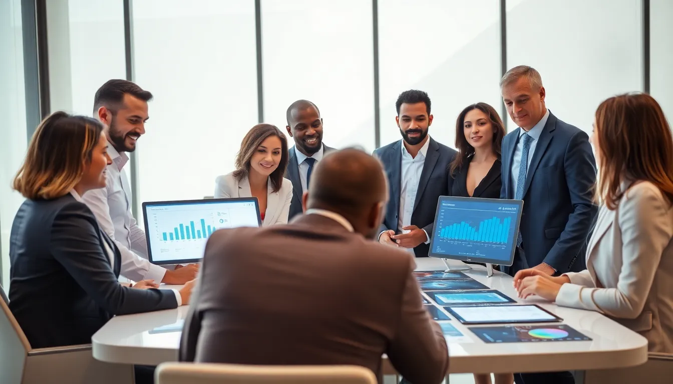 diverse team discussing procurement strategies with digital tools in a modern office.