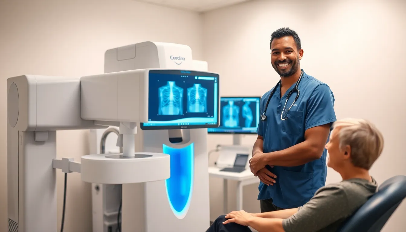 X-ray technician operating a digital X-ray machine in a modern exam room.