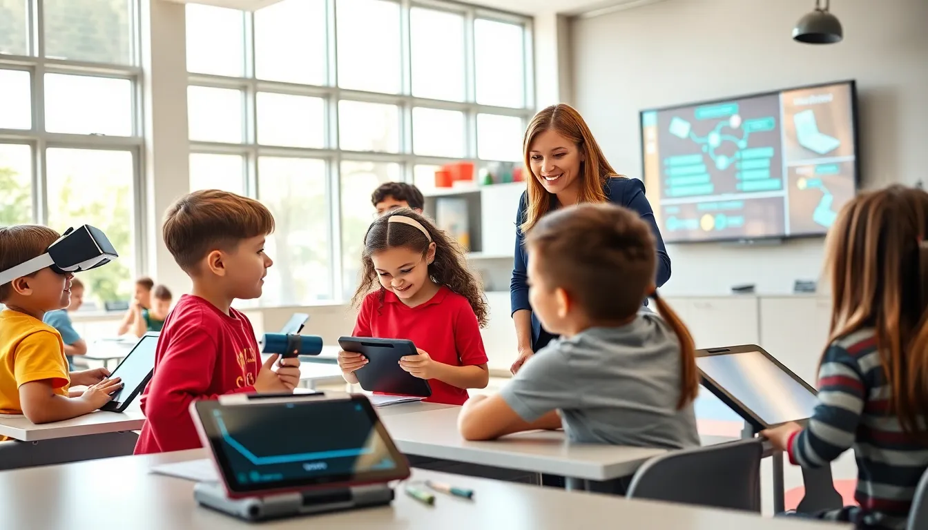 students collaborating in a modern classroom with technology.