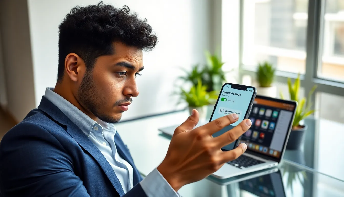 person checking iPhone settings for app download issues in a modern office.