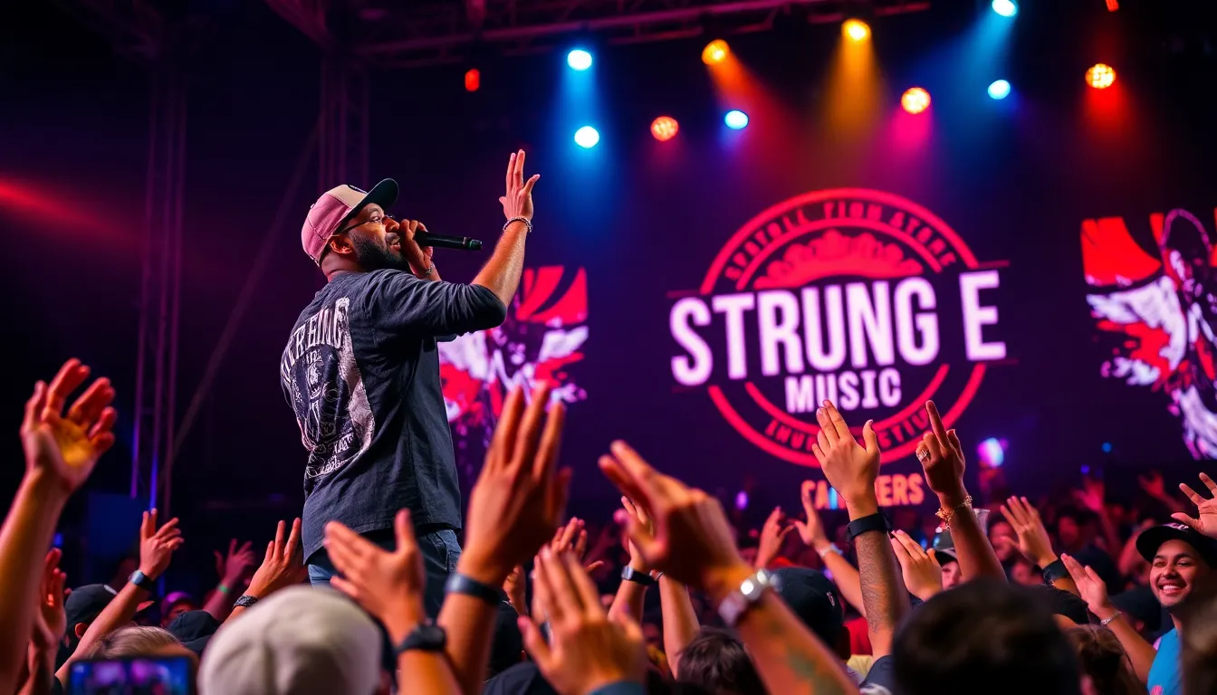 Tech N9ne performing on stage with an enthusiastic crowd.