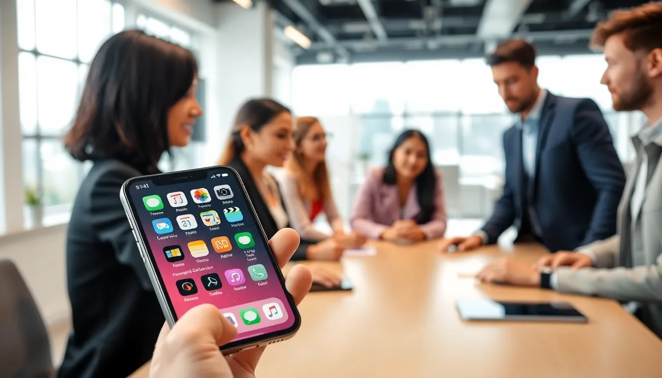 a diverse team demonstrating app management on an iPhone in a modern office.