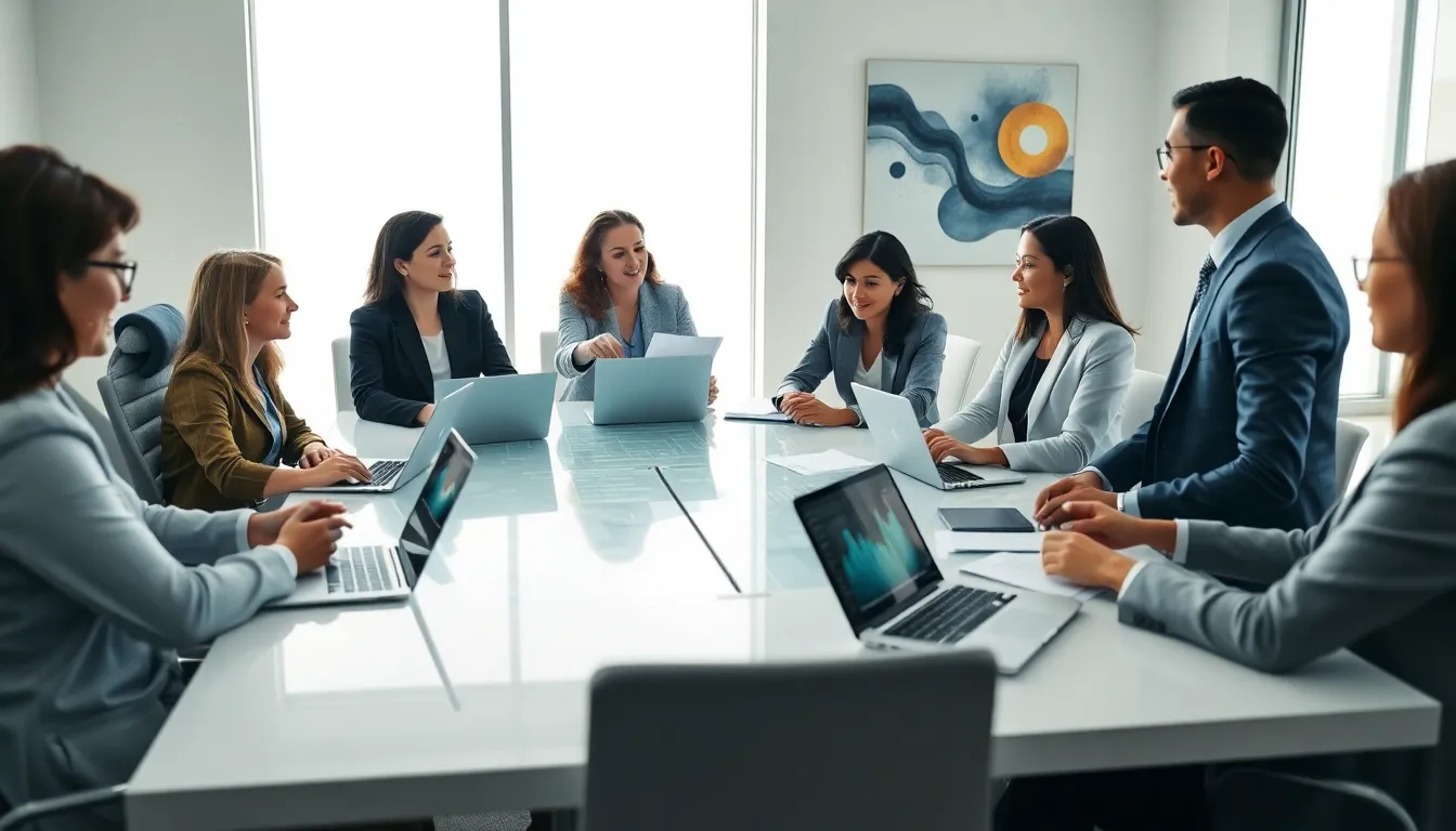 diverse accounting team discussing AI-driven financial analytics in a modern office.